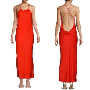 Bardot Mila High Jewel Neck Cowl Back Satin Slip Dress in Fire Red Size 2